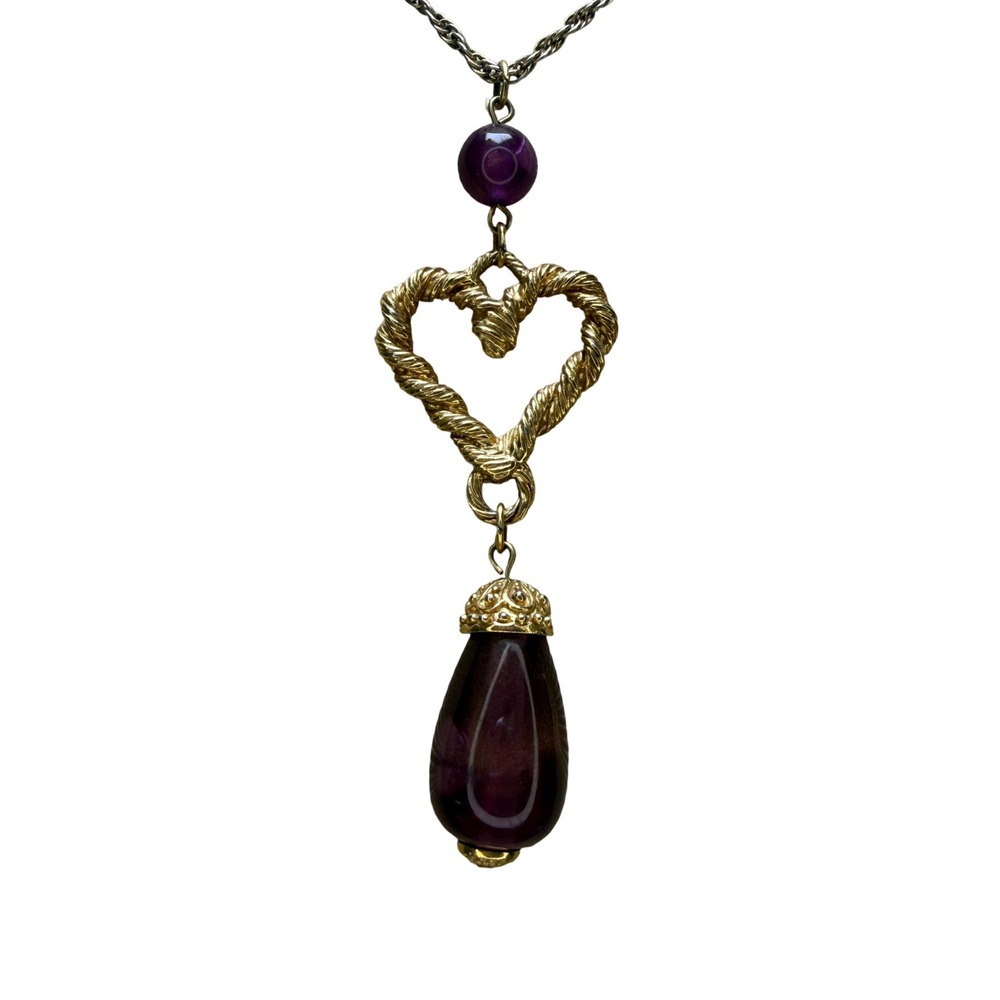 Avon Heart Necklace Purple Gold Tone Statement Romantic Classic Elegant - Picture 9 of 15